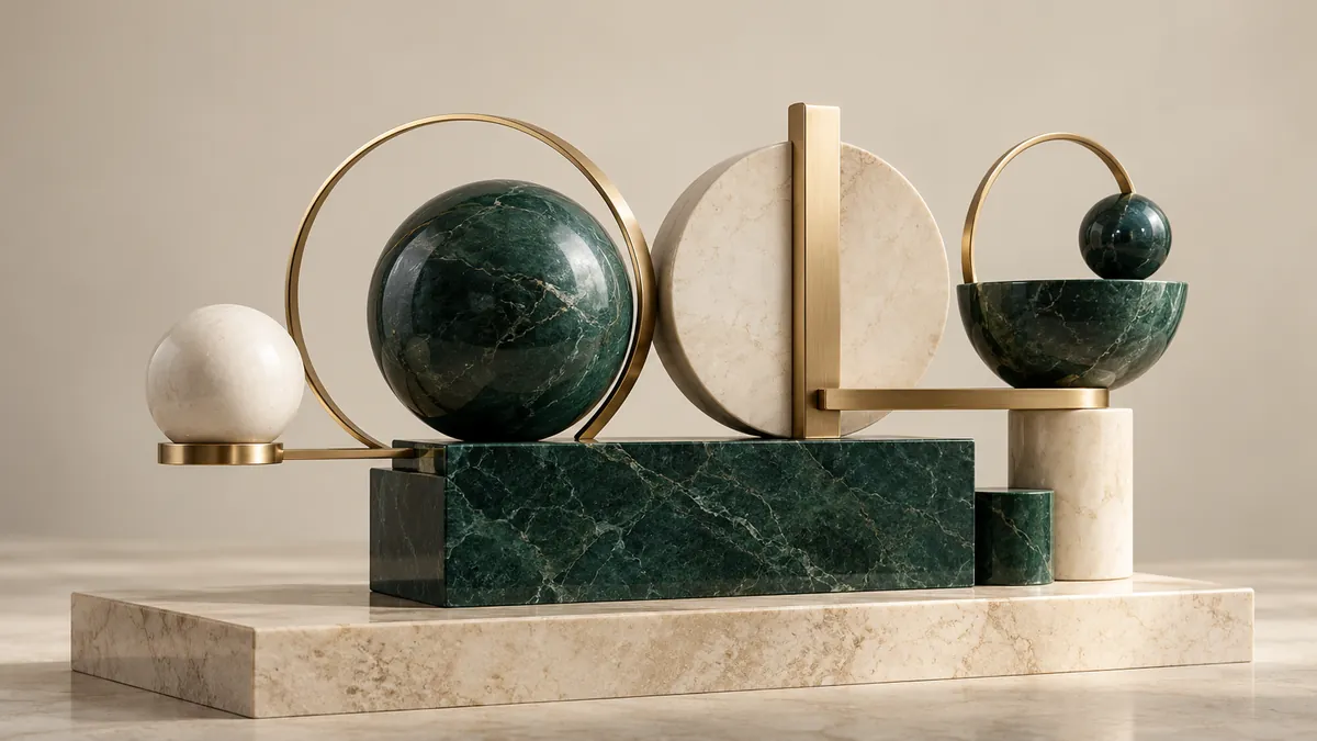 Conceptual balanced sculpture of interconnected emerald, ivory and brass geometric forms